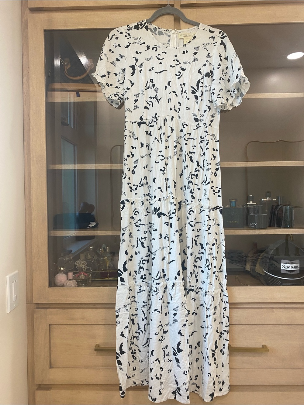saltwater LUXE White Maxi Dress with Black Abstract Print